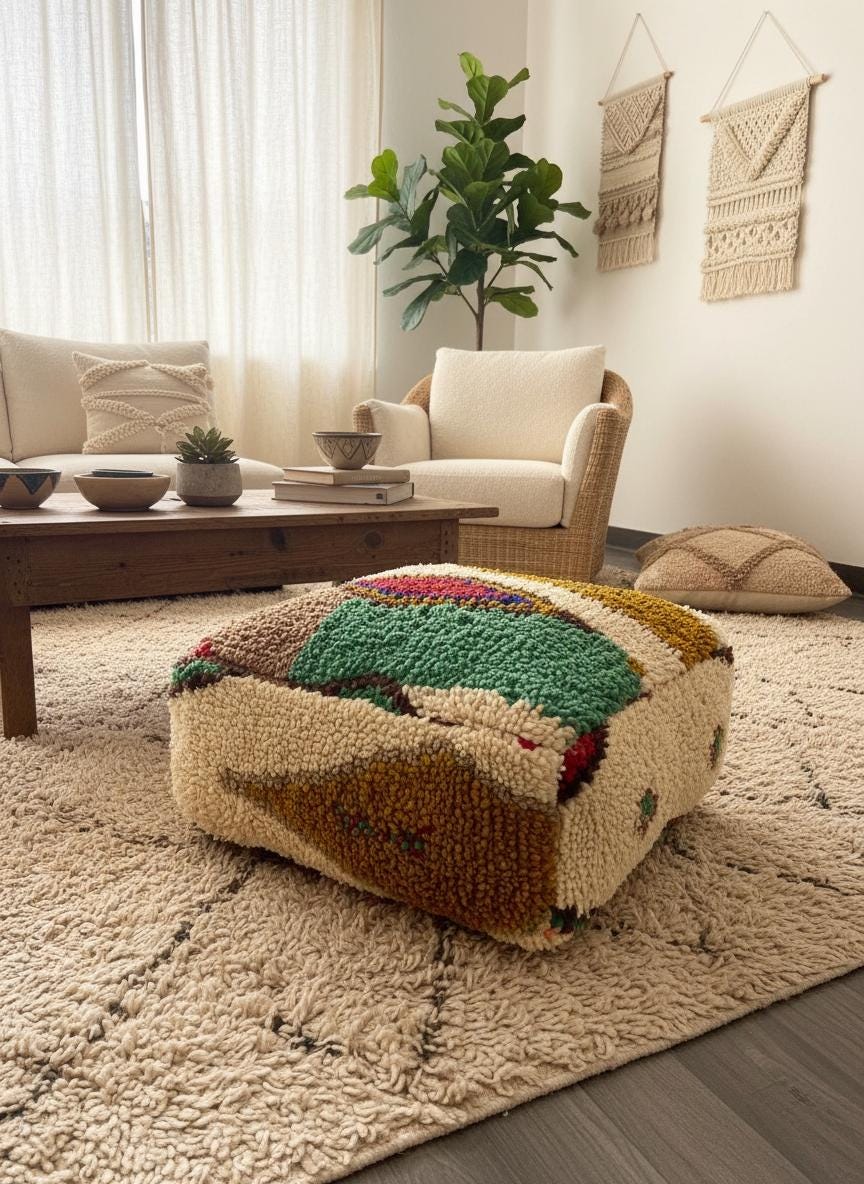 Handmade Moroccan wool pouf with colorful Berber geometric pattern in a cozy bohemian living room.
