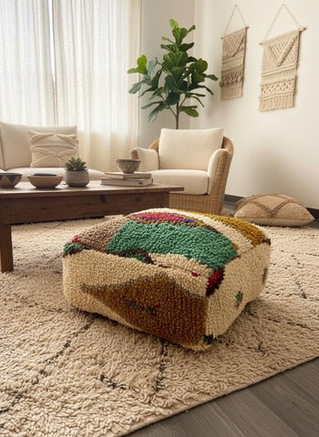Handmade Moroccan wool pouf with colorful Berber geometric pattern in a cozy bohemian living room.