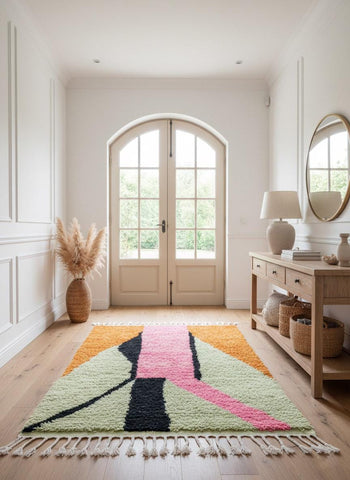 Modern Moroccan rug with pink and orange accents displayed in entryway