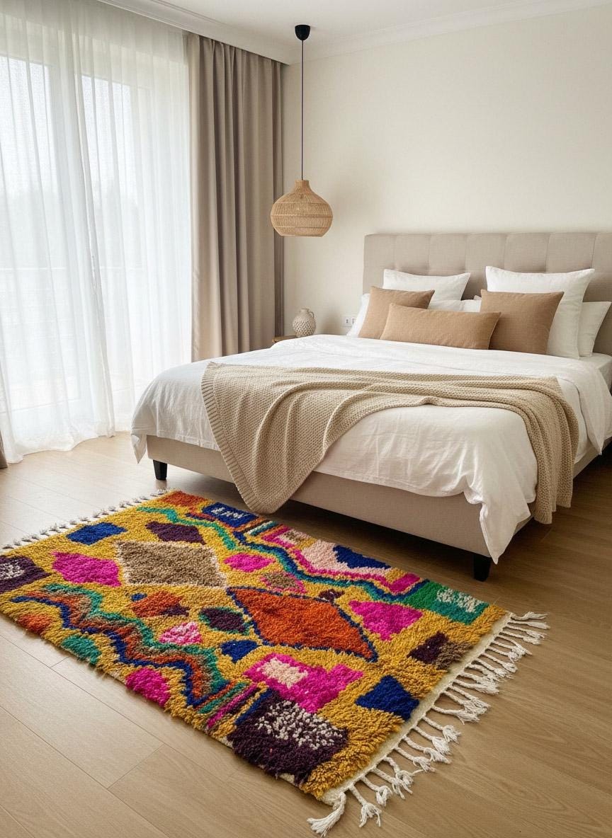 Yellow abstract Moroccan rug in modern bedroom interior