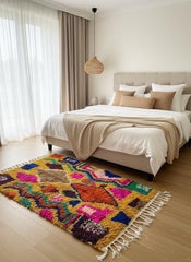 Yellow abstract Moroccan rug in modern bedroom interior