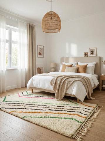 Cream Moroccan Berber wool rug with colorful geometric lines in bedroom