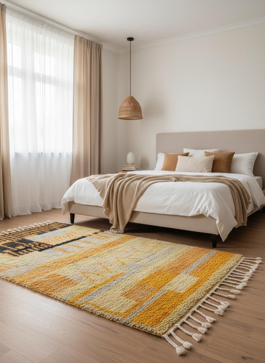 Moroccan geometric wool rug in mustard and cream styled in bedroom.