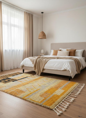 Moroccan geometric wool rug in mustard and cream styled in bedroom.