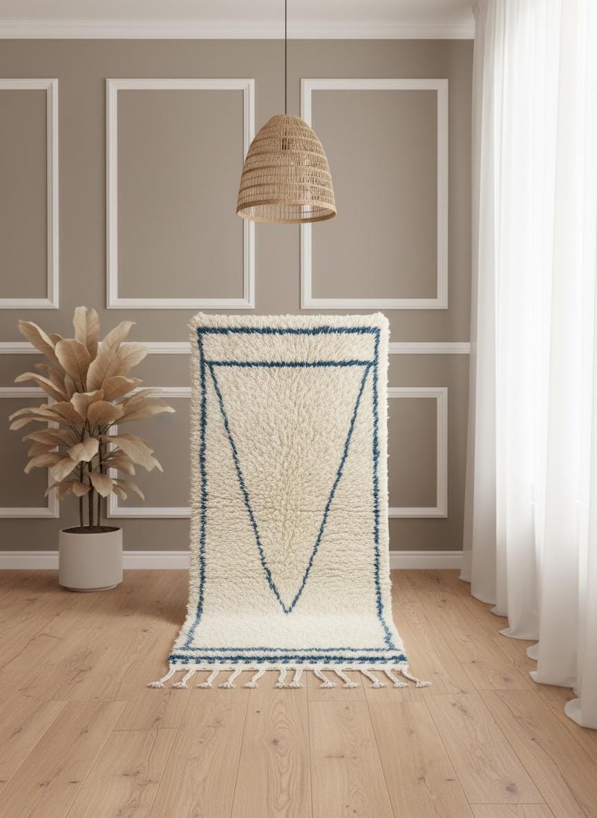Moroccan Beni Ourain rug displayed vertically with blue diamond design