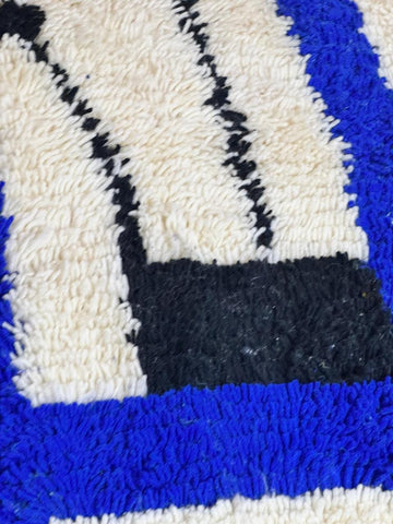 Modern Moroccan Wool Rug with Bold Blue Geometric Design and Ivory Background