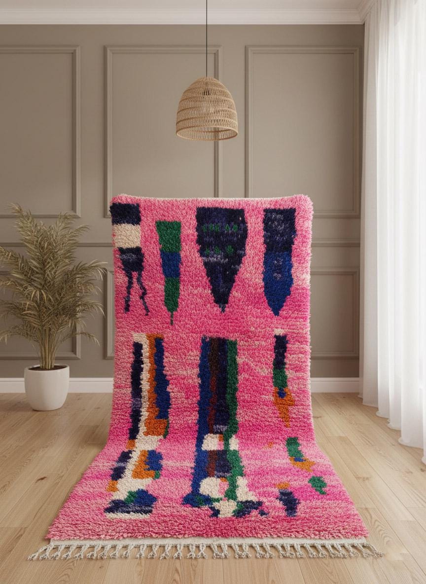 Handwoven Moroccan rug with bright pink tones