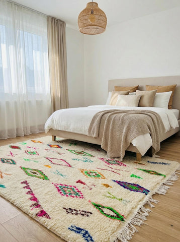 Cream Moroccan rug with fringe and geometric patterns in bedroom