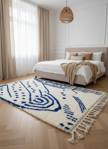 Blue and white Berber rug in modern bedroom
