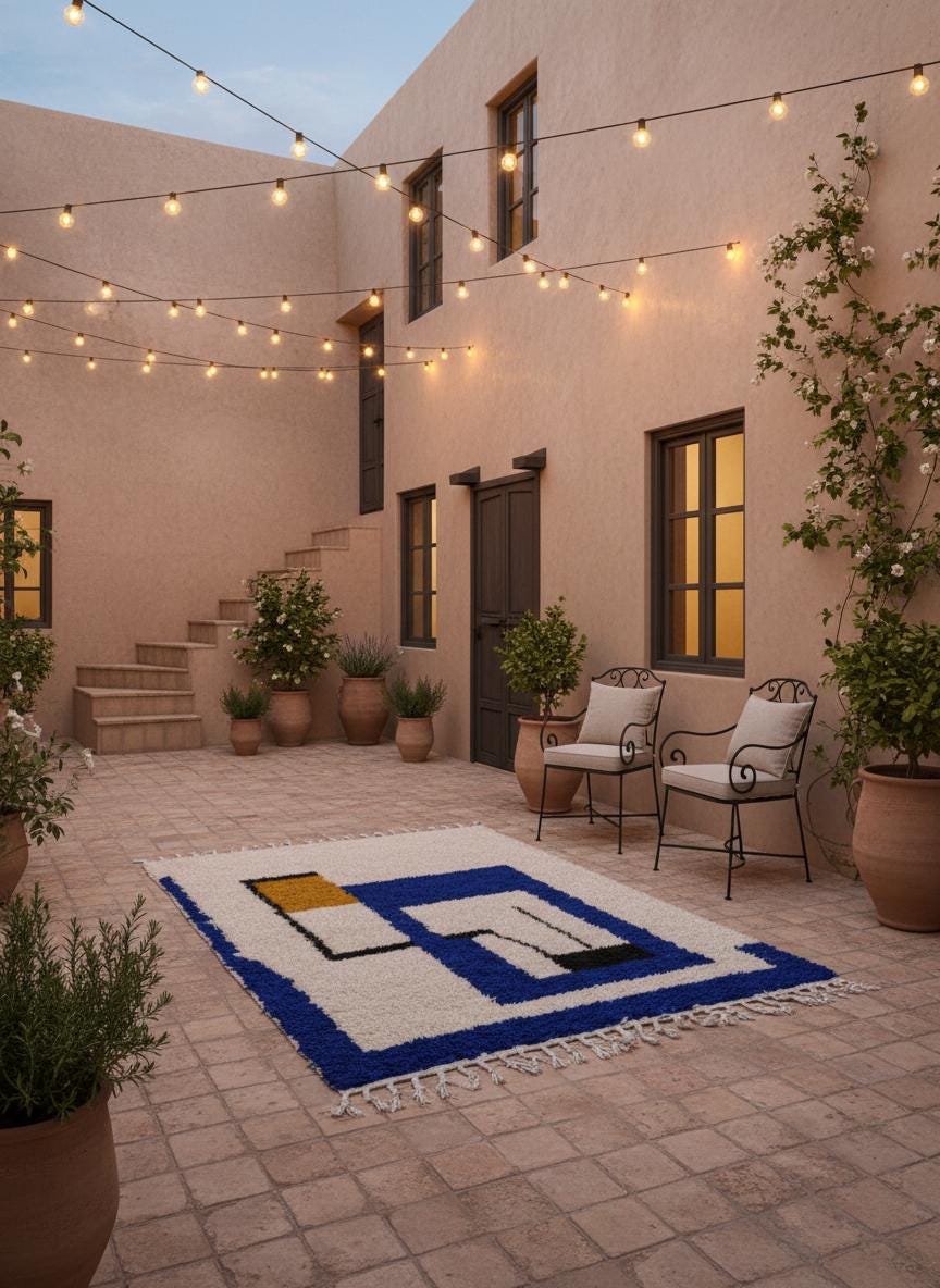 Modern Berber Rug Styled in a Moroccan Courtyard with Bold Blue Abstract Design