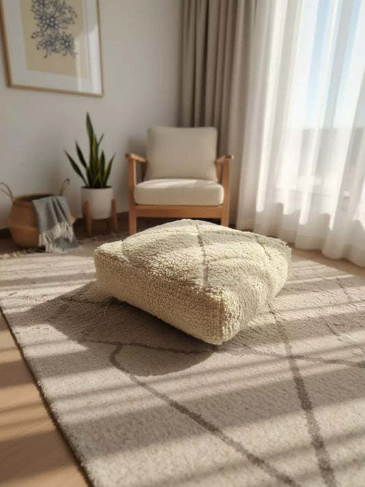 Textured beige wool pouf on a Moroccan rug in a sunlit cozy room