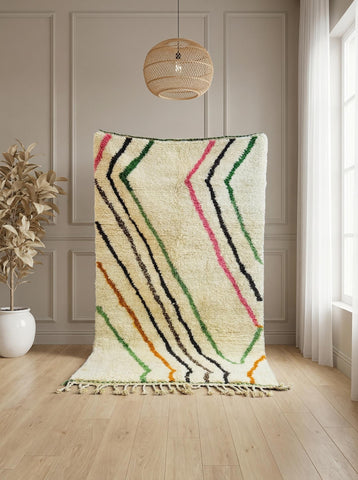 Moroccan Berber rug displayed vertically with colorful linear pattern