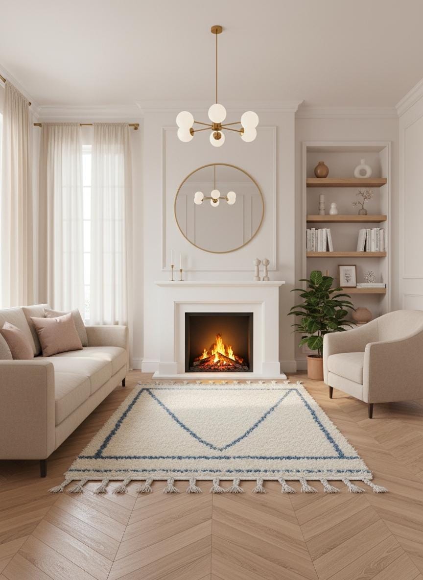 Ivory and blue wool rug styled in modern living room