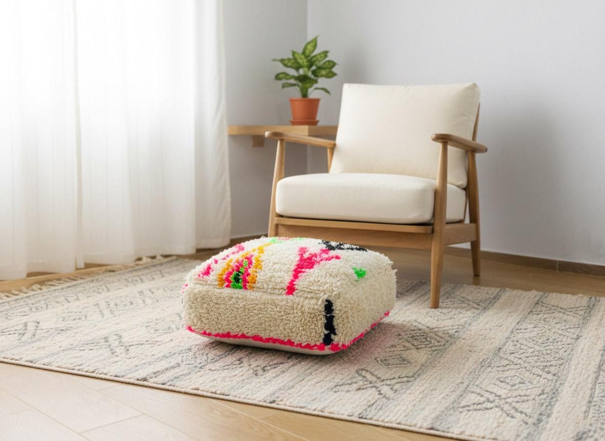 Moroccan Berber wool pouf in neutral living room
