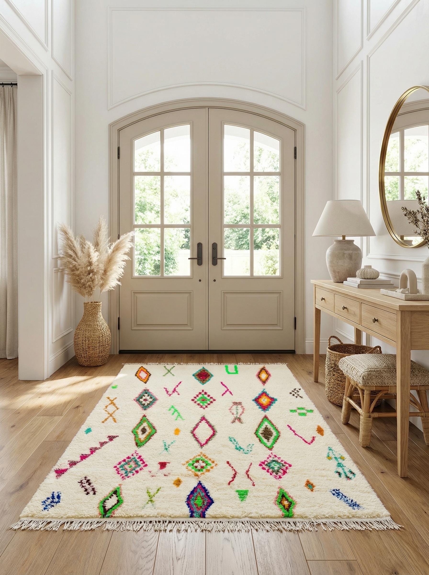 Cream Berber rug styled in bright minimalist entryway