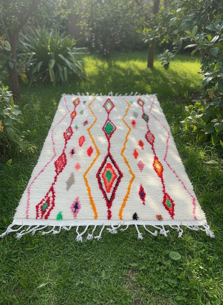 Colorful Moroccan Berber wool rug with diamond motifs on an ivory background, handmade in Morocco