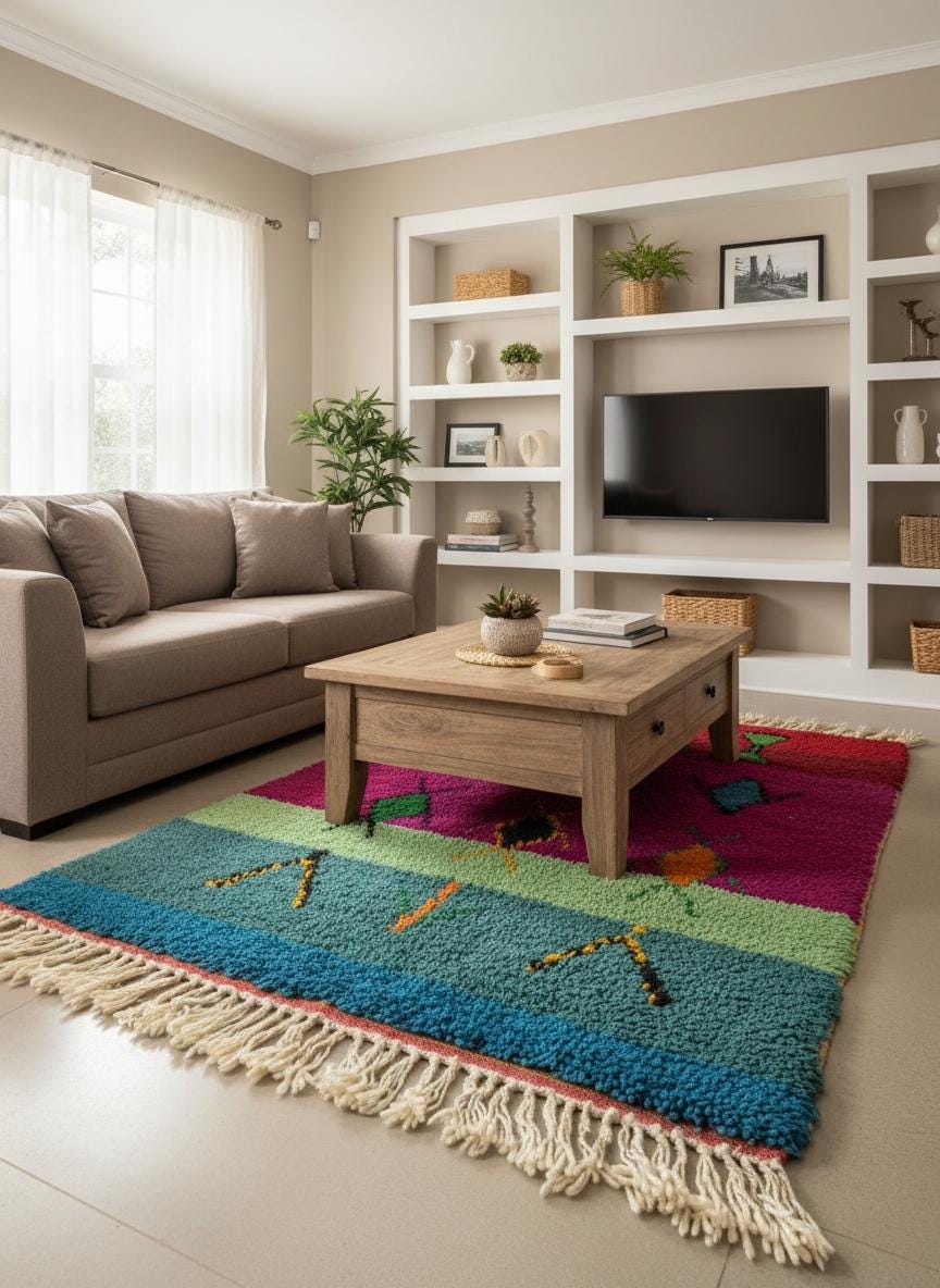 Bright pink and teal handmade rug styled in sunlit living room.