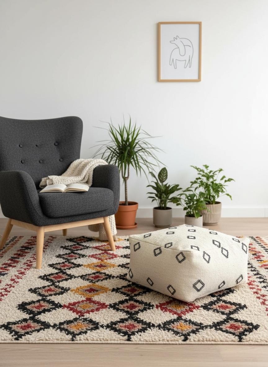 Ivory Moroccan wool pouf with black square pattern on colorful Berber rug.