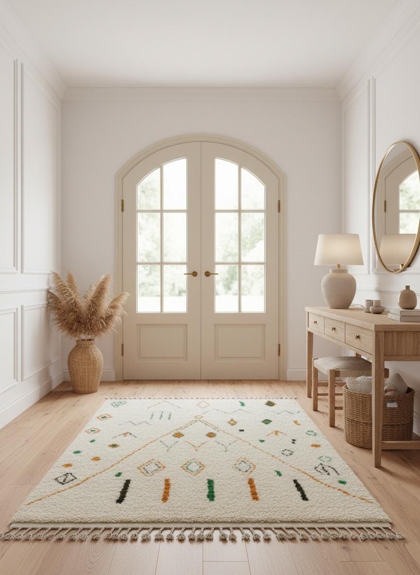 Ivory Moroccan area rug in bright entryway with wooden console table