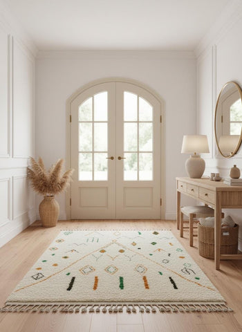 Ivory Moroccan area rug in bright entryway with wooden console table
