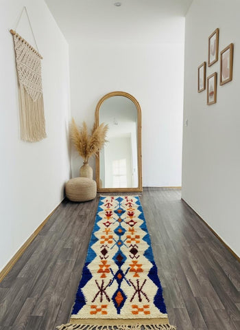 Ivory and blue Moroccan runner rug