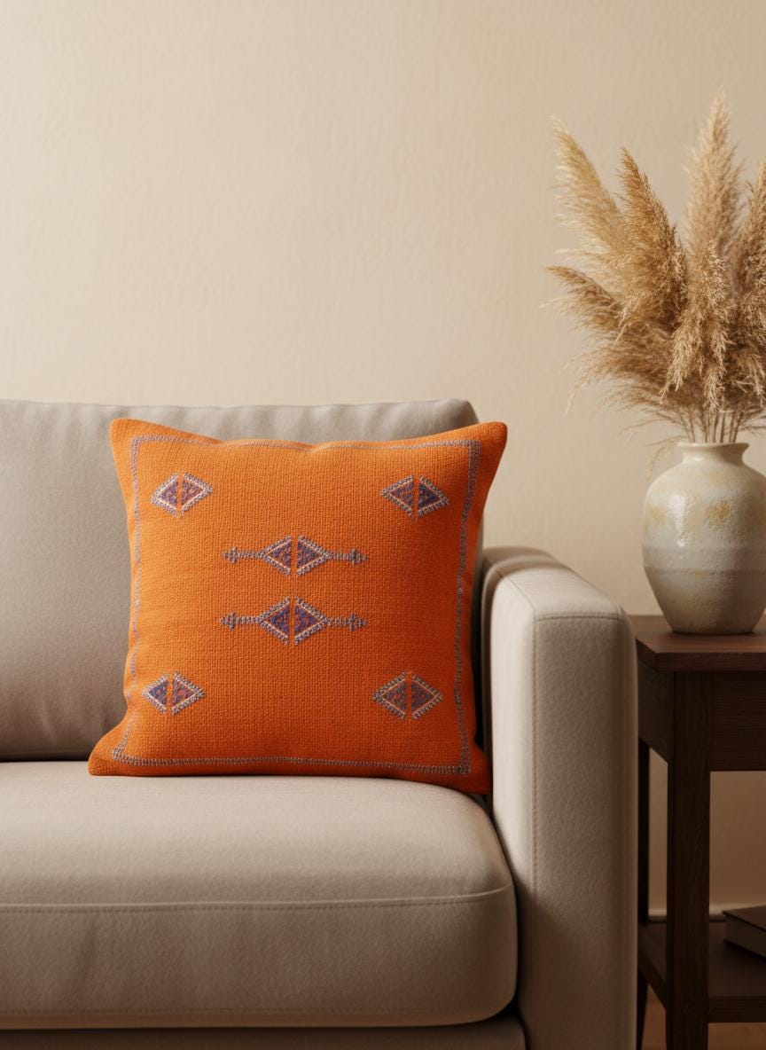Orange Moroccan kilim pillow on beige sofa