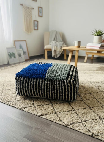 Moroccan Berber Pouf, Handmade Wool Floor Cushion, Blue Green