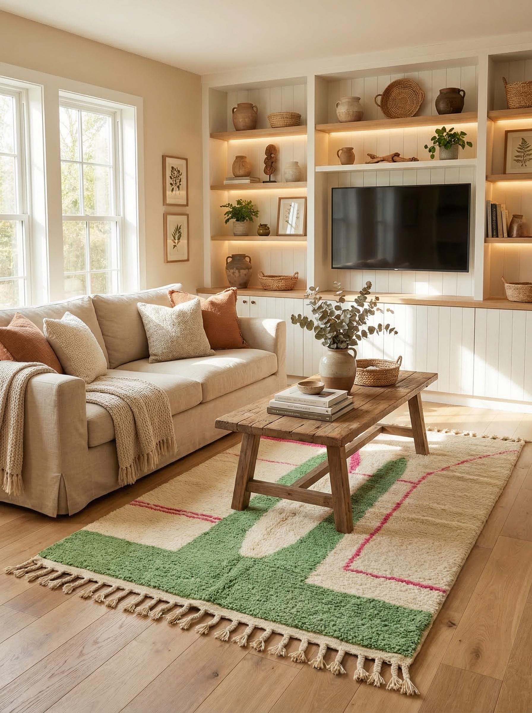 Handmade Moroccan cactus rug with green and pink design styled in a warm modern living room