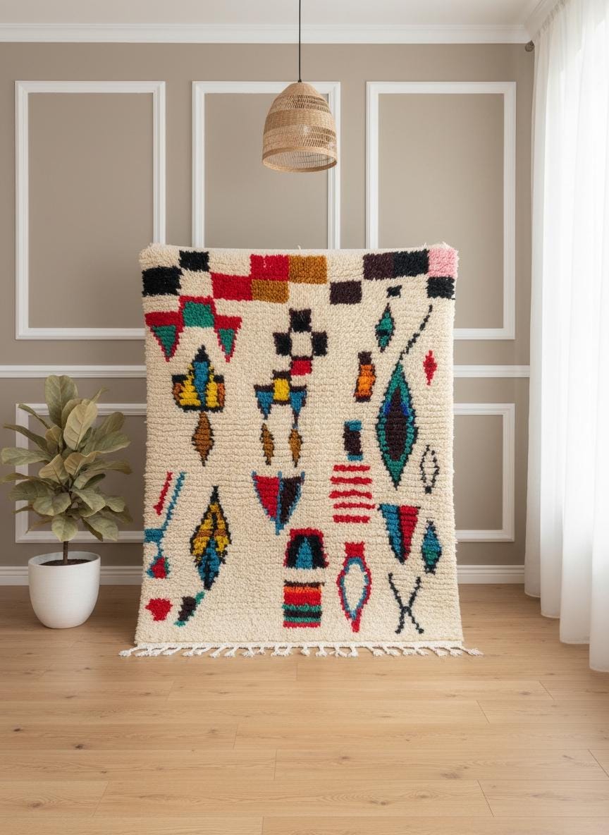 Colorful Berber area rug with abstract tribal patterns styled in an elegant outdoor courtyard.