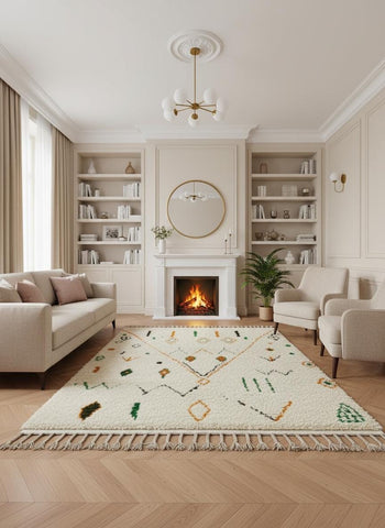 Handmade Moroccan rug placed in elegant living room with fireplace