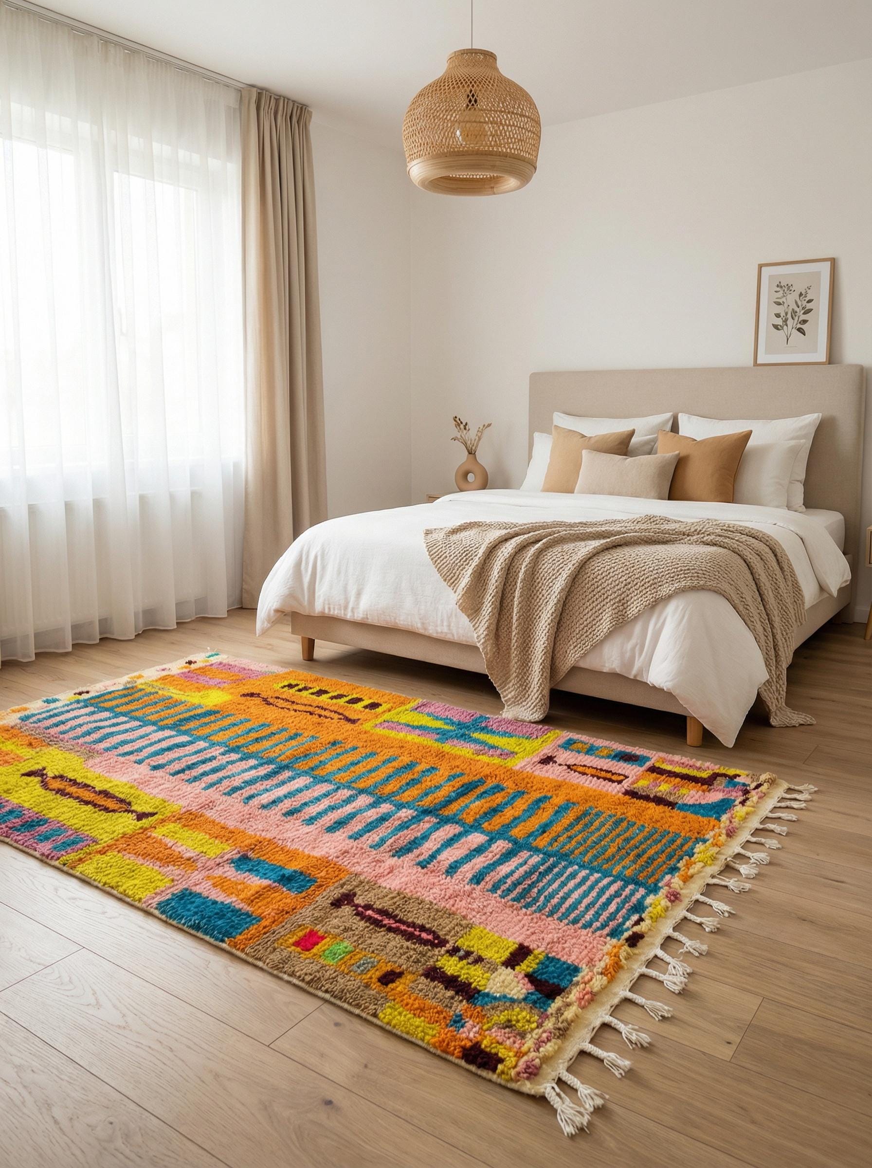 Colorful Moroccan area rug in elegant bedroom space