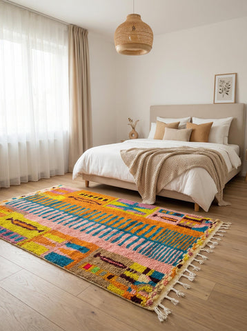 Colorful Moroccan area rug in elegant bedroom space