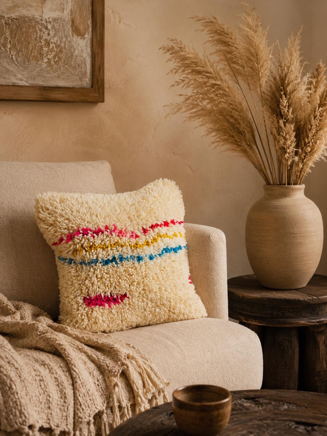 Handmade colorful Moroccan Berber throw pillow styled on a cozy armchair in a warm boho-inspired living room.