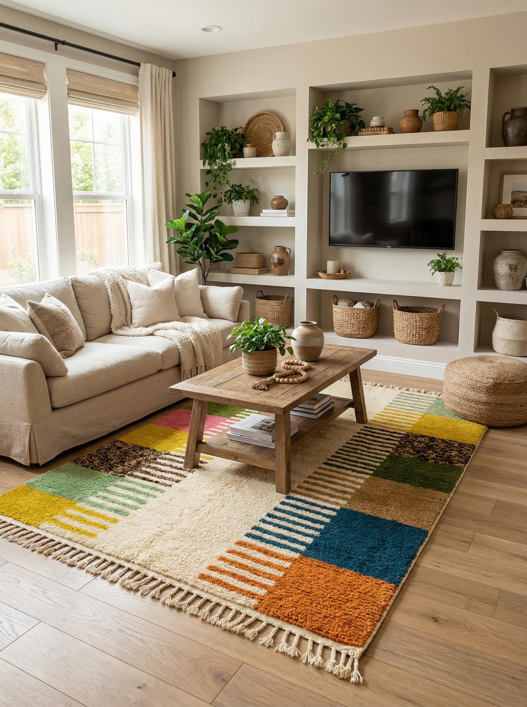 Colorful Berber wool rug styled in modern living room