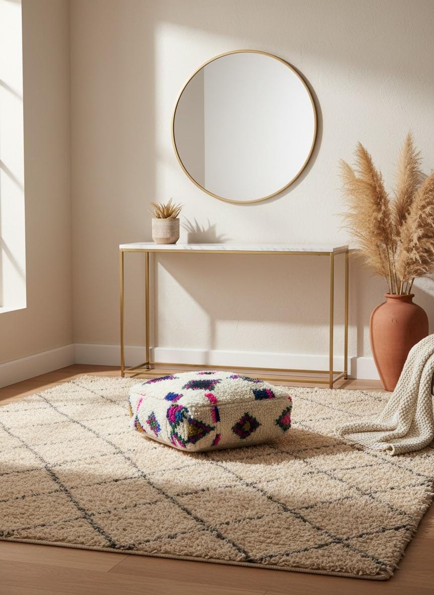 Front view of handmade Berber wool pouf
