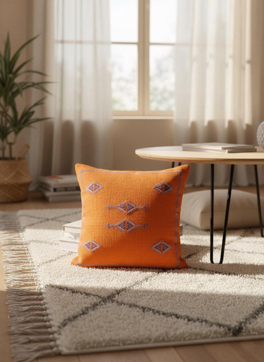 Handwoven orange Berber pillow on living room rug