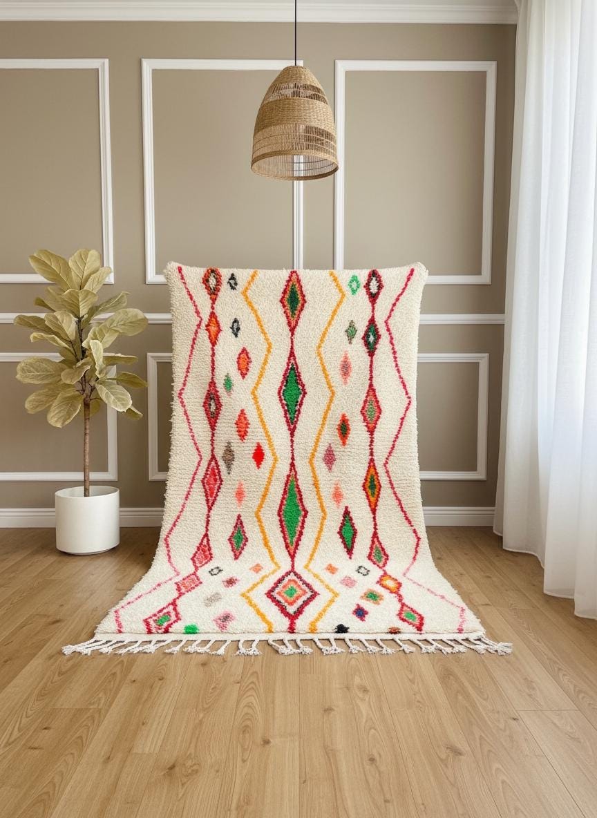 Detailed view of a Moroccan wool rug with colorful geometric designs and soft ivory pile