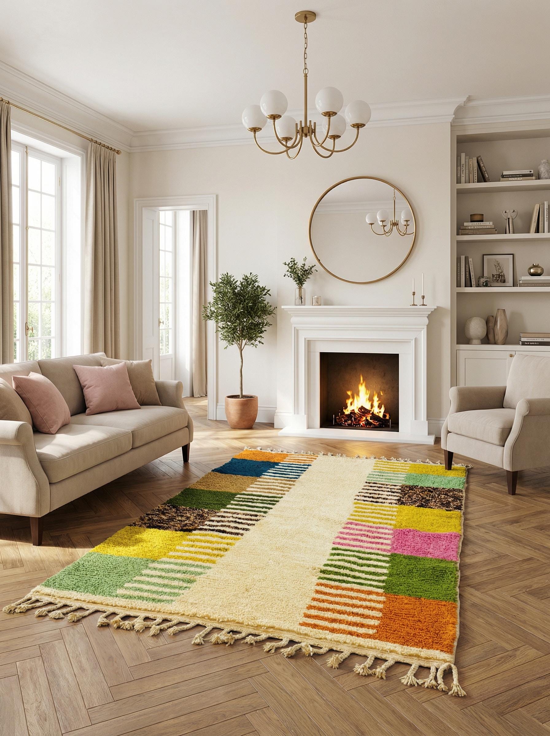Cream Moroccan wool rug with fringe in cozy living space