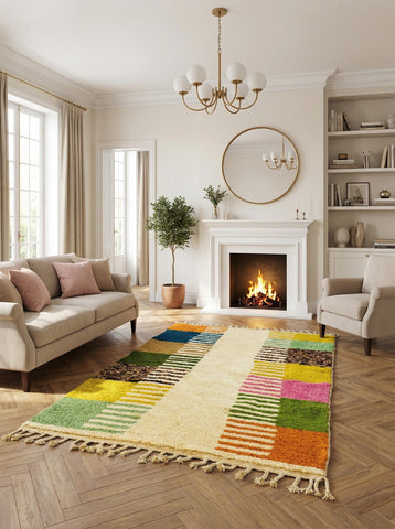 Cream Moroccan wool rug with fringe in cozy living space