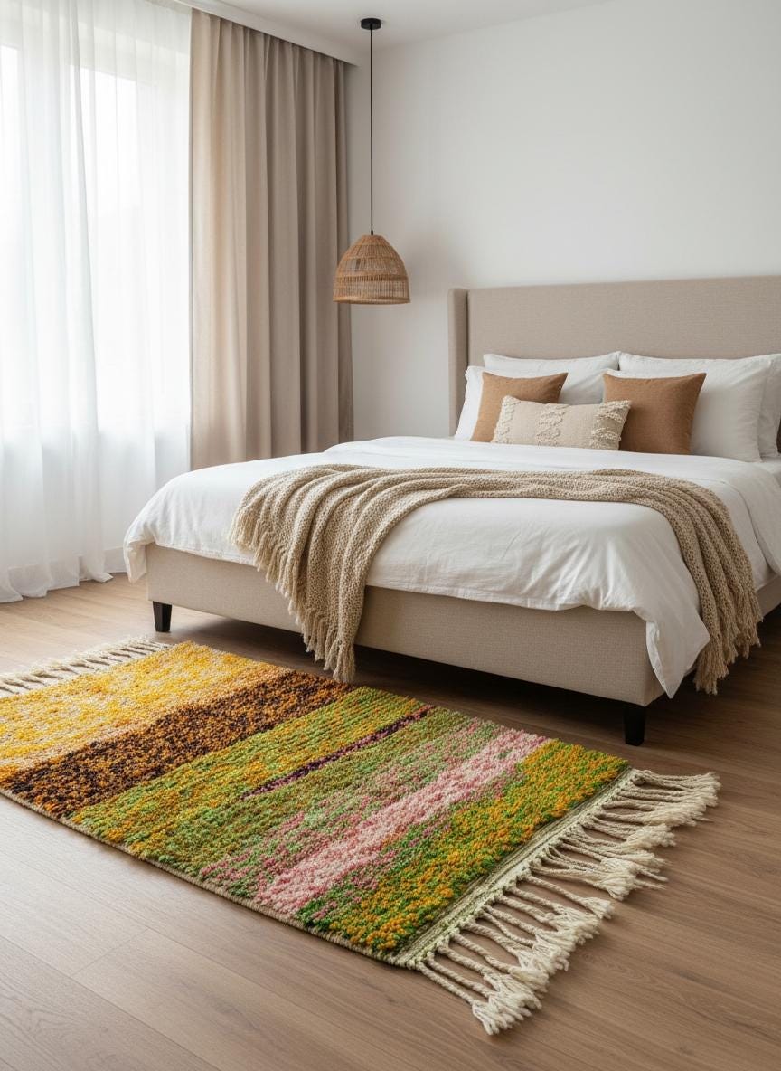 Artisan Moroccan rug displayed in modern bedroom.