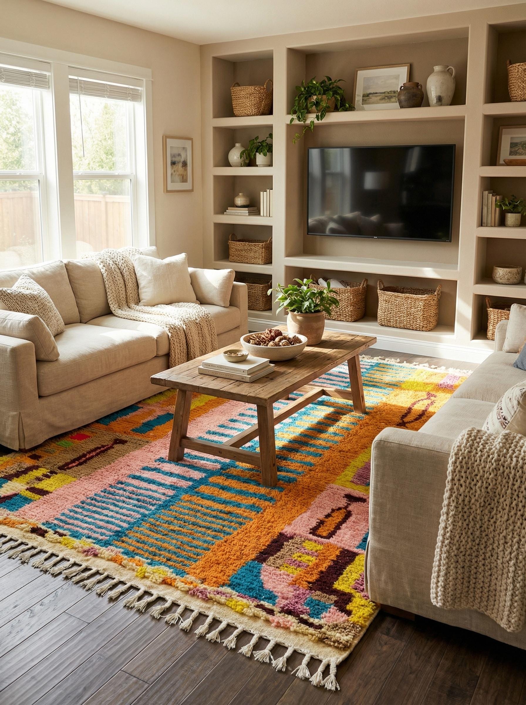 Colorful Berber rug styled in cozy modern living room