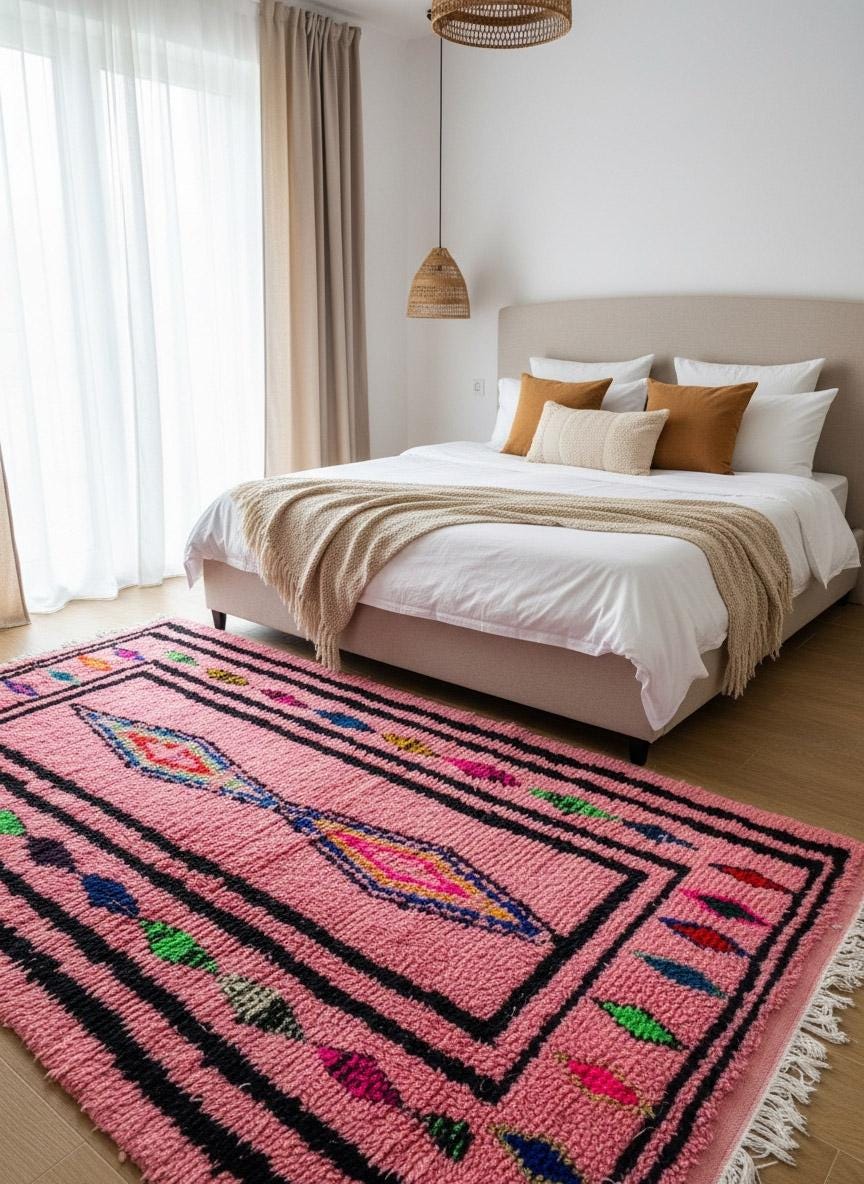 Bohemian pink area rug in cozy bedroom interior