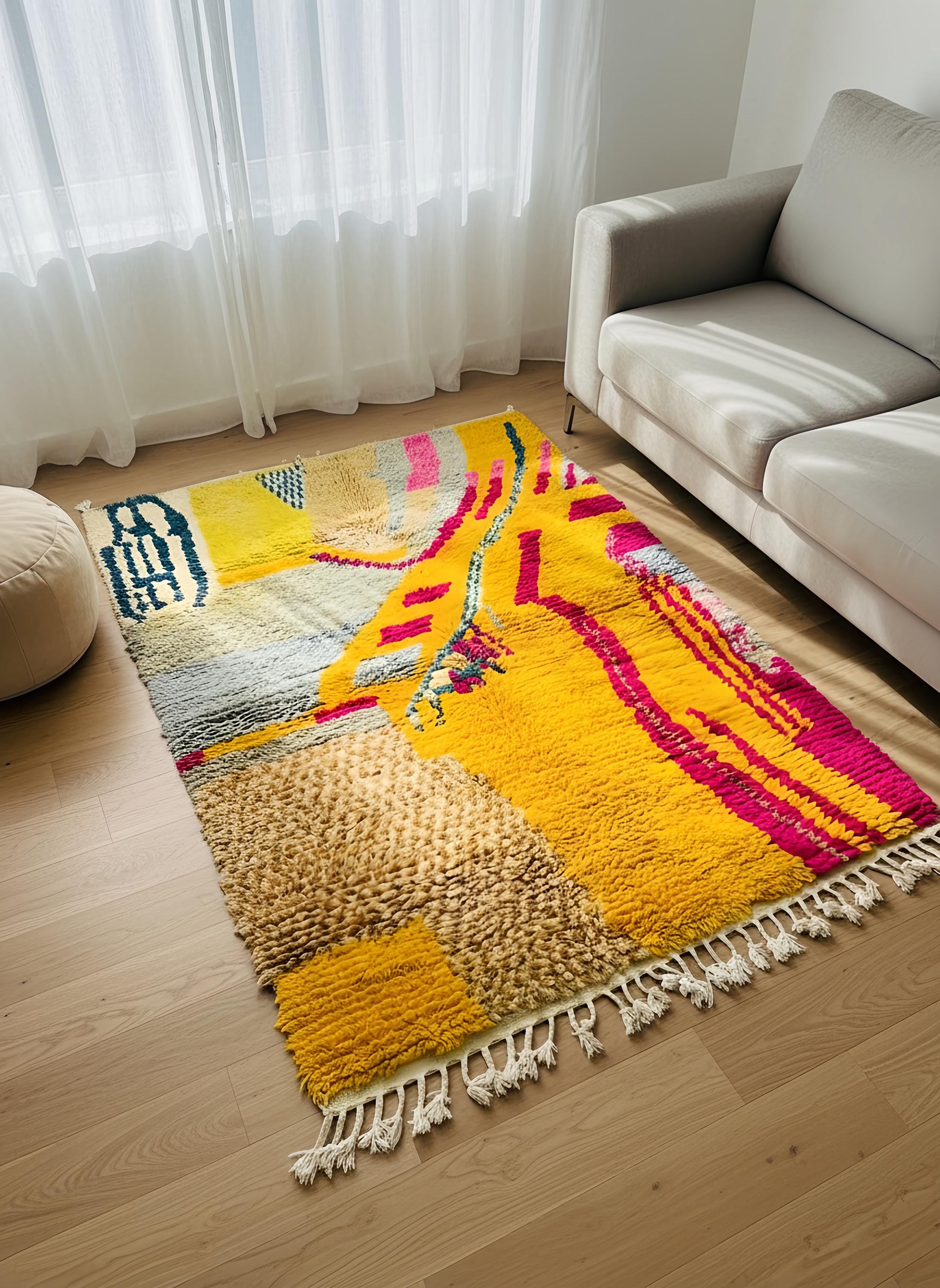 Handmade yellow Moroccan rug in elegant lounge