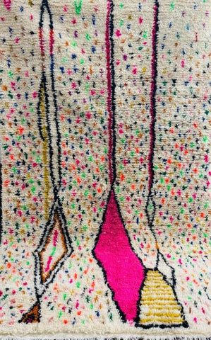 Handmade Moroccan Berber rug with pink diamond and colorful confetti design