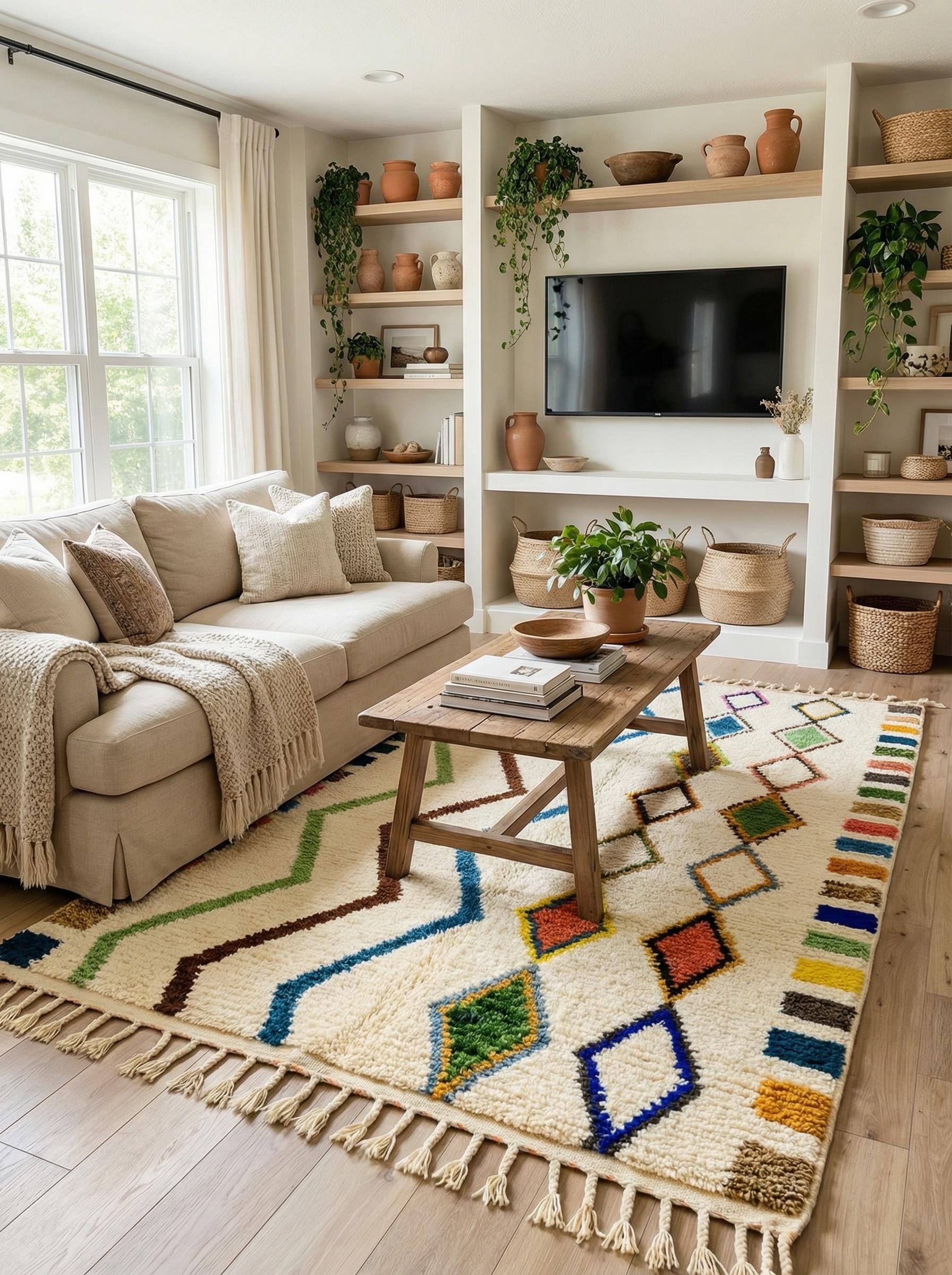 Cream wool Moroccan rug with colorful geometric design displayed in a living room