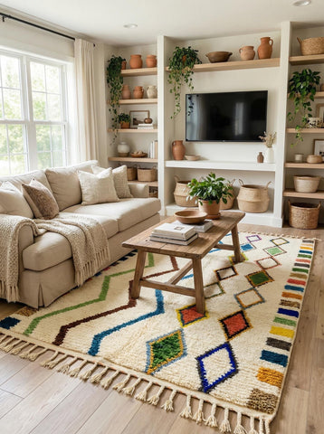 Cream wool Moroccan rug with colorful geometric design displayed in a living room