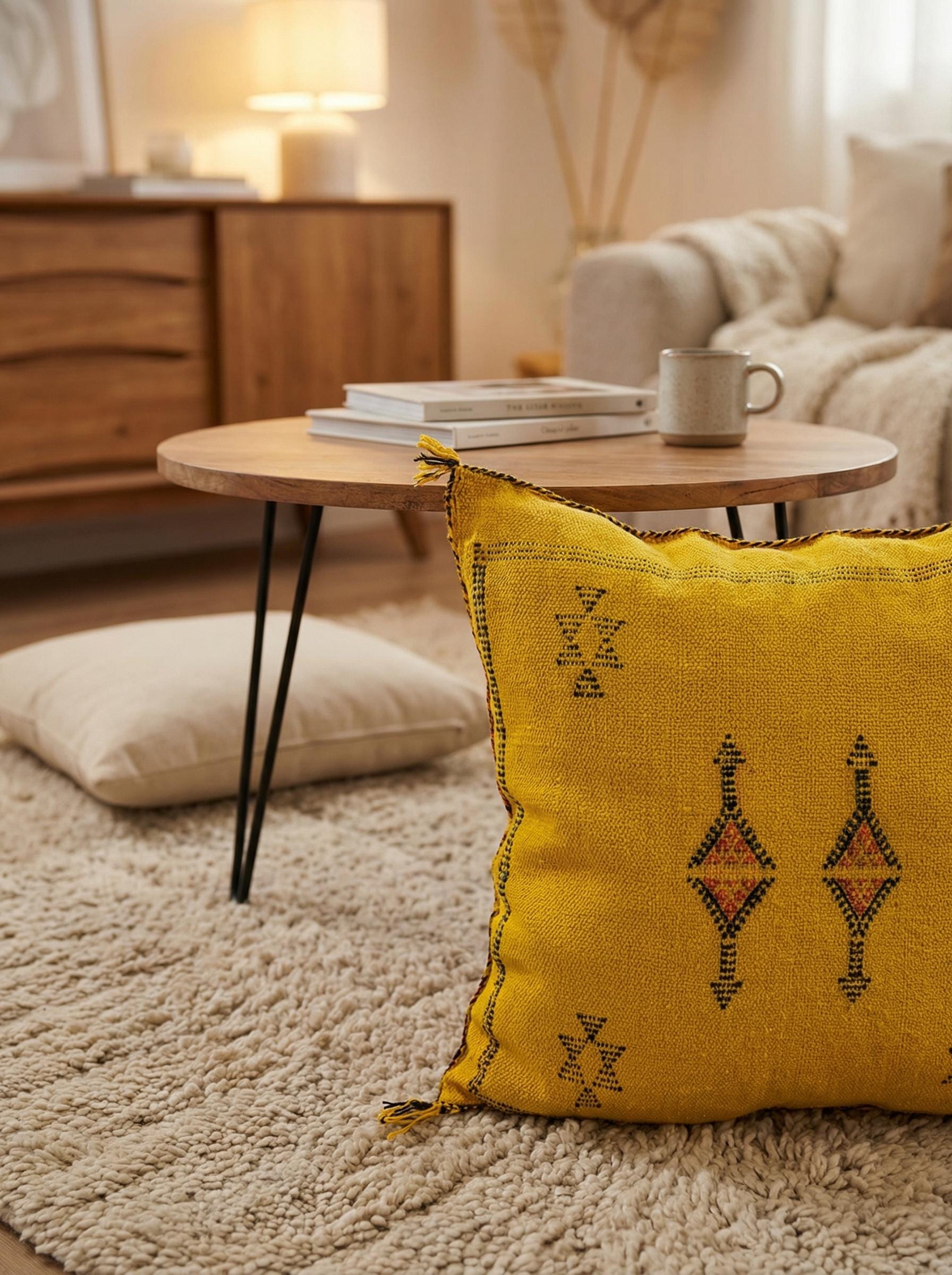 Mustard cactus silk pillow on cozy living room rug near wooden table