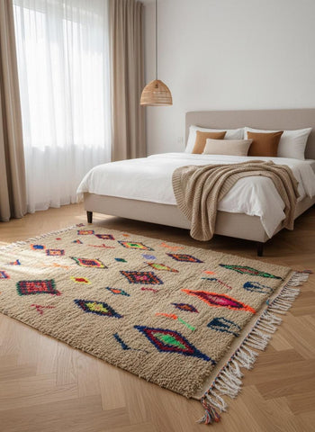 Colorful Moroccan rug displayed in bedroom interior