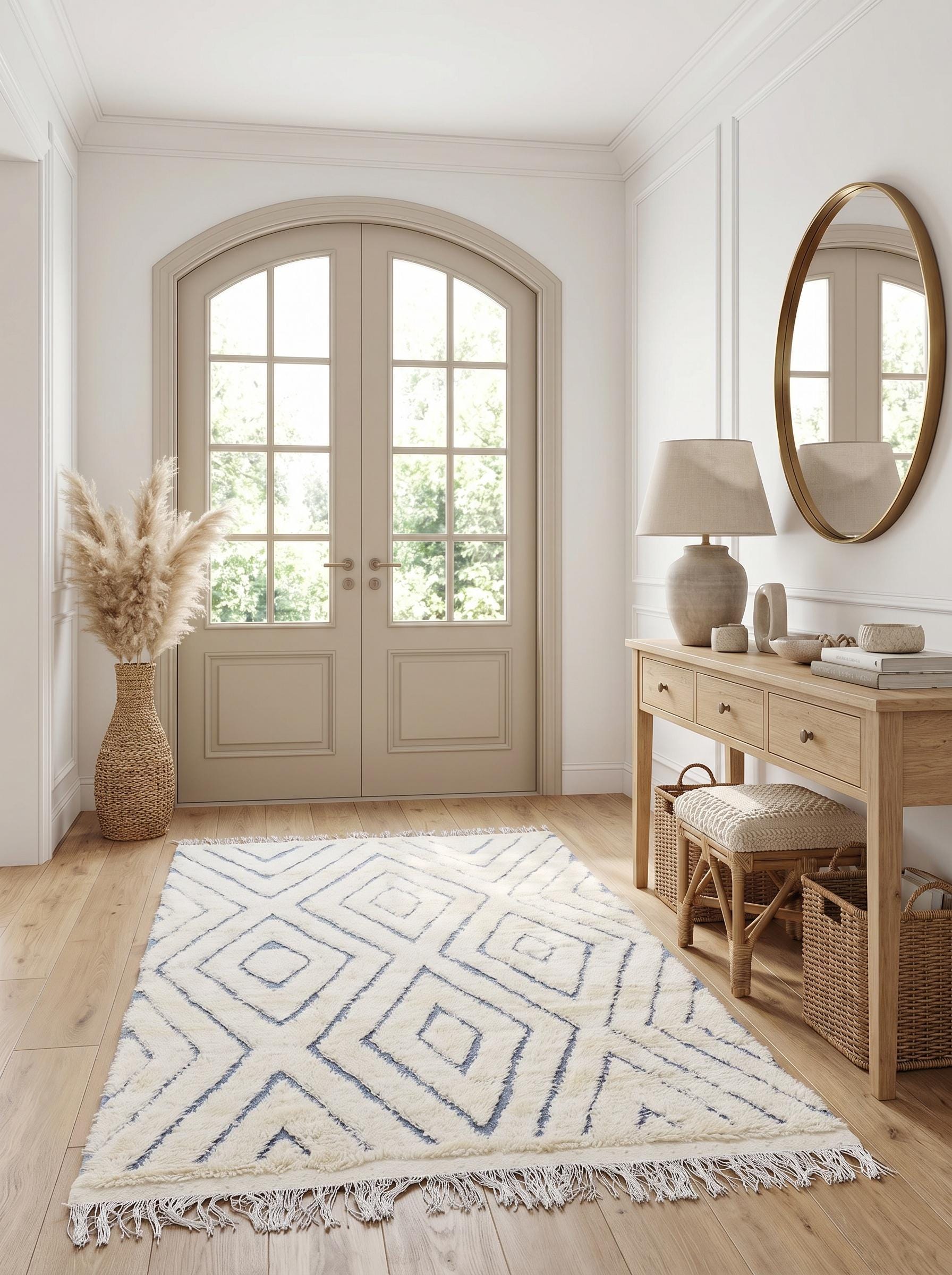 Cream Moroccan rug with grey diamond pattern placed in a bright entryway with wooden console, round brass mirror, and natural decor.