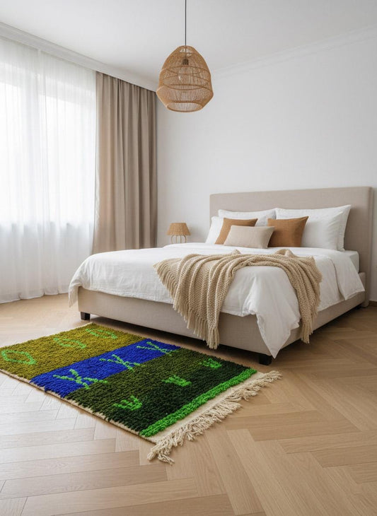 Green and blue Moroccan wool rug styled in bedroom